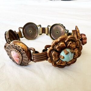 Vintage Mid Century Southwestern Floral Copper Bracelet Pink and Blue Accents